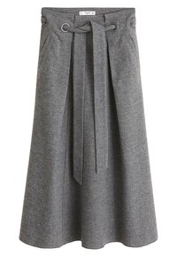 Jupe midi en laine grise avec taille haute, ceinture à nouer, plis devant et poches latérales.