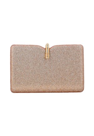 Rektangulær clutch i rosaguld dækket med små krystaller og med en guldfarvet lås øverst i midten.