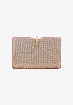 Négyszögletes rózsaarany borítéktáska apró kristályokkal borítva, aranyszínű csattal a tetején, középen.