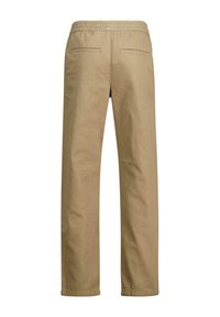 Beige Baumwollhose mit lässigem Schnitt, elastischem Bund und zwei Gesäßtaschen, geradem Bein Design und glatter Textur.