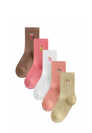 Five ribbed crew socks in brown, pink, white, peach, and beige, each with a small embroidered cute character or object near the top.