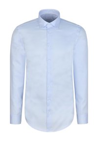 Jasnoniebieska koszula z długim rękawem wykonana z gładkiej tkaniny, z klasycznym kołnierzykiem, zapięciem na guziki z przodu oraz zaokrąglonym dołem.