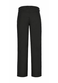 Pantalones negros de piernas rectas hechos de una tela suave. Presenta dos bolsillos traseros y una cinturilla con presillas para cinturón. Diseño simple y funcional.