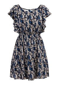 Kurzärmliges Kleid mit einem Schlangenprint in Blau, Schwarz und Beige; weicher Stoff, tailliert und mit Rüsche an den Ärmeln.