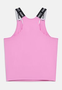 Débardeur de sport rose avec des bretelles élastiques noires marquées Nike Pro, vu de dos sur un fond blanc.