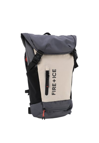 Backpack with a rolled top in grey, beige, and black. Features hexagonal texture, logo print, adjustable straps, and zip compartments.