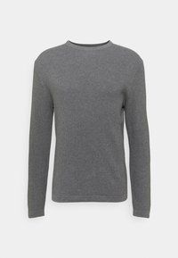Grauer langärmeliger Pullover mit Rundhalsausschnitt, aus geripptem Stoff, mit schlichtem Design und strukturiertem Oberflächen.