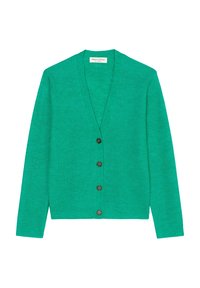 Cardigan verde de canalé con escote en V, cinco botones marrones en la parte delantera y mangas largas. Textura suave y un ajuste relajado.