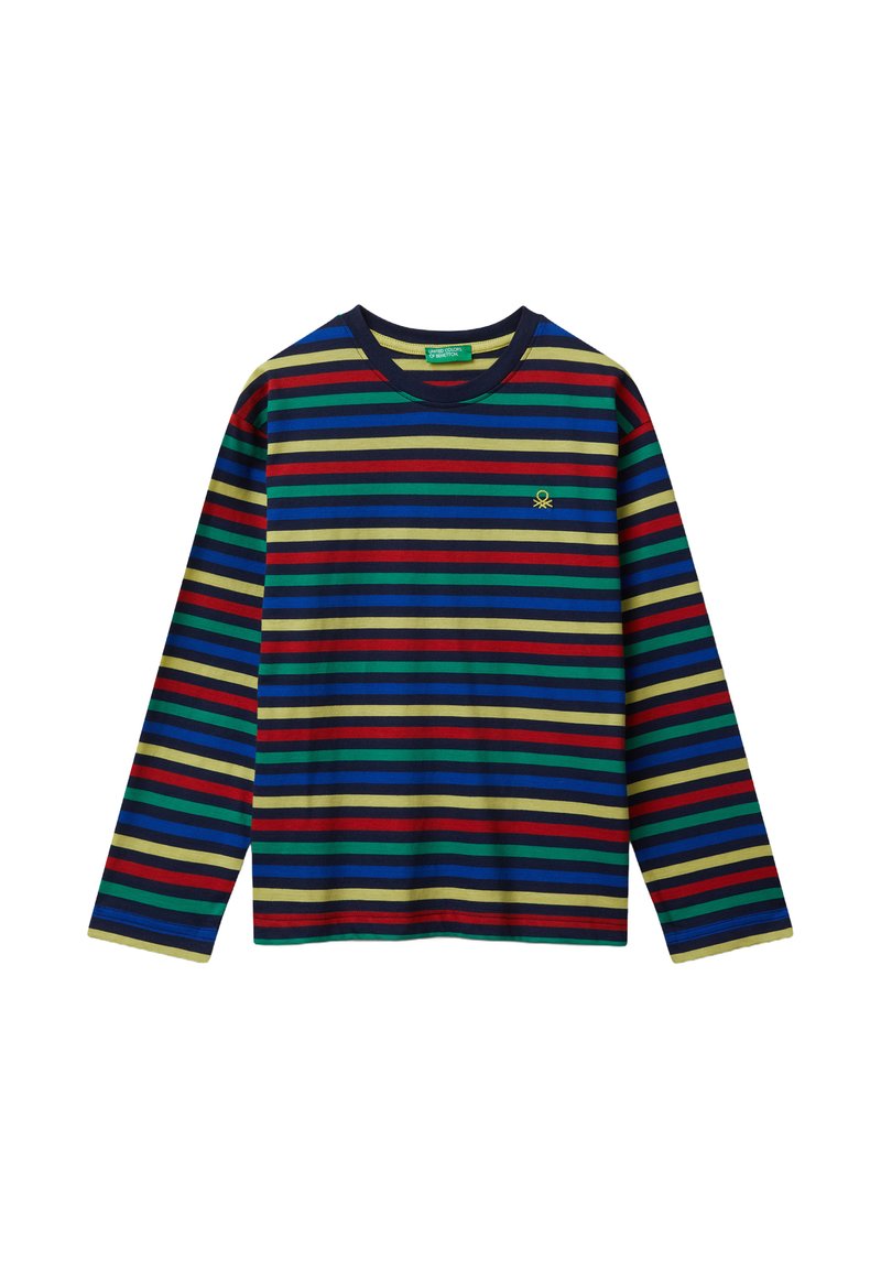 Camicia a maniche lunghe con strisce orizzontali in blu navy, rosso, verde e giallo, con un piccolo logo giallo sul petto sinistro.