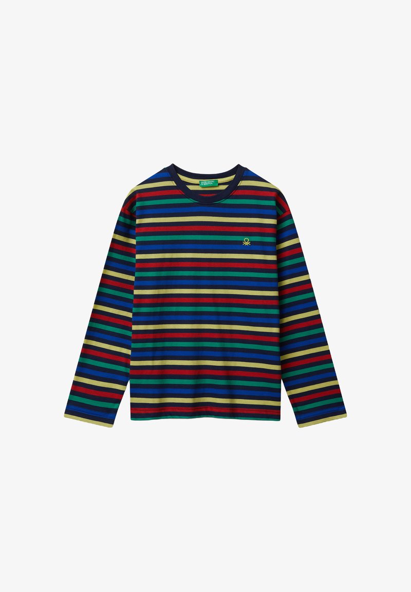Langärmliges Hemd mit horizontalen Streifen in Navyblau, Rot, Grün und Gelb, mit einem kleinen gelben Logo auf der linken Brust.