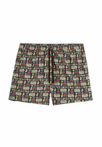 Pantaloncini da bagno con sfondo blu scuro e un motivo multicolore di grafiche di slot machine, ciliegie e vari simboli, con vita elasticizzata.
