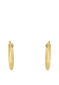 Guldörh ängen i form av hoops med en slät, polerad yta. Cirkelform och minimalistisk design, utrustade med ett säkert lås.