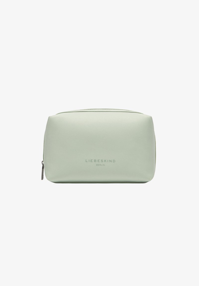 Minzgrüner Kosmetiktasche, rechteckige Form, glattes Material, Oberreißverschluss, geprägtes Markenlogo auf der Vorderseite, minimalistisches Design.