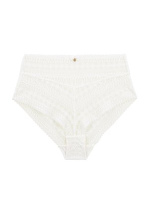 Culottes blanches en dentelle taille haute avec un motif géométrique, des bords festonnés et un petit accent doré à la taille.