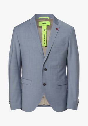 Light blue blazer with a textured fabric, two buttons, and a single pocket. Interior features a beige lining and a bright green tag.