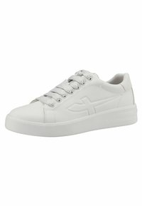 Weiße Sneaker aus Leder mit einer glatten Oberfläche, ausgestattet mit einem strukturierten Schnürbereich, flachen Schnürsenkeln und einer halbtransparenten Sohle.