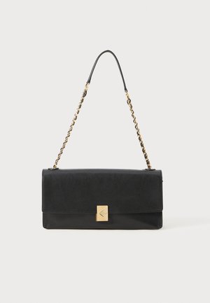 Black leather handbag with a rectangular shape, a fold-over flap, gold hardware, and a chain strap. Features a geometric accent on the clasp.
