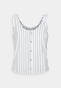 Haut sans manches rayé en gris clair et blanc, doté d'un col arrondi et de boutons en bois sur le devant, en tissu coton.