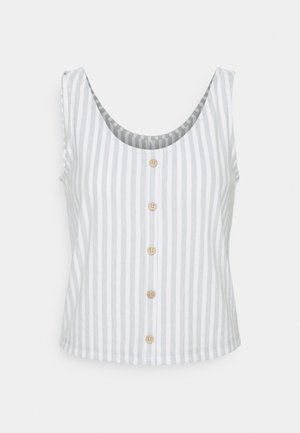 Pruhovaný tílko bez rukávů v světle šedé a bílé barvě, s výstřihem do V a dřevěnými knoflíky vpředu, bavlněná látka.
