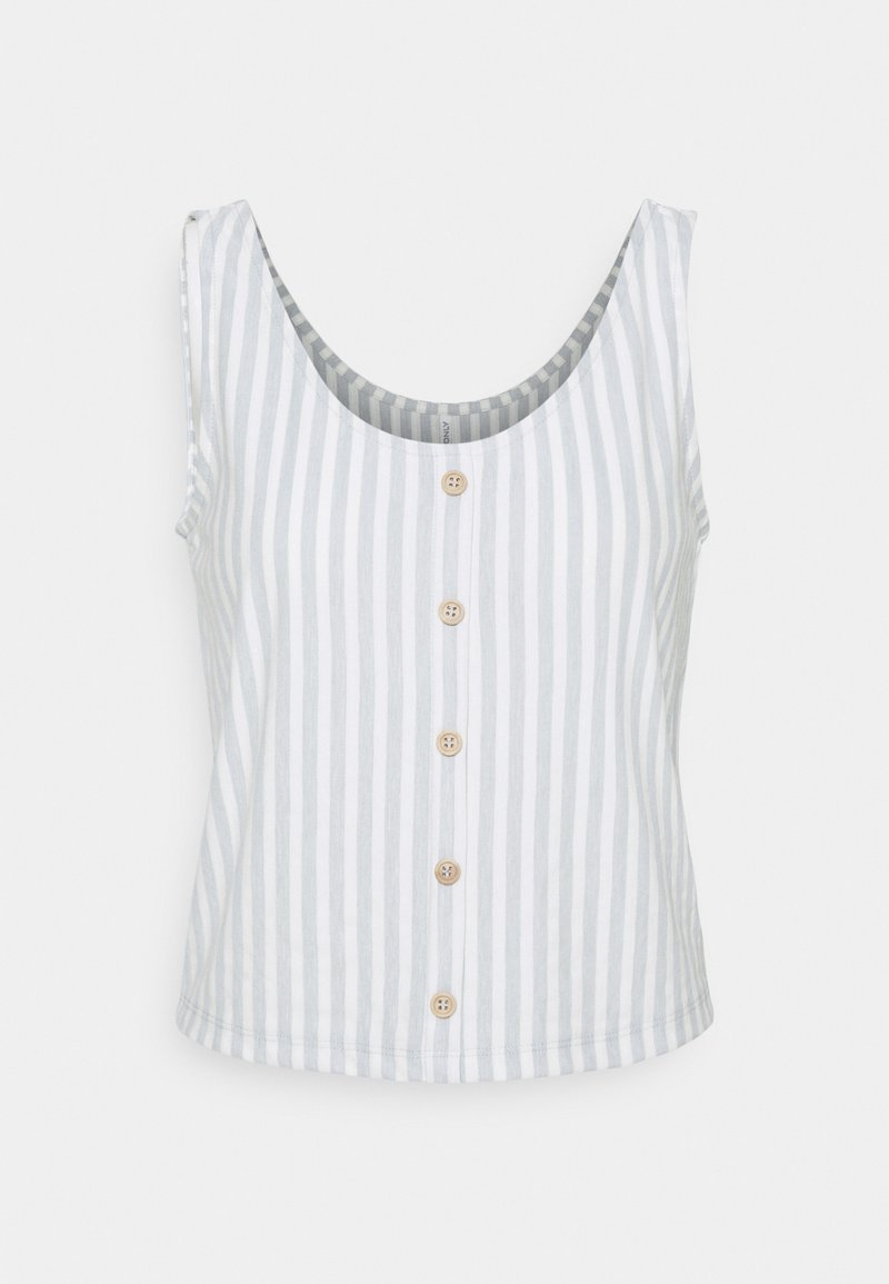 Haut sans manches rayé en gris clair et blanc, doté d'un col arrondi et de boutons en bois sur le devant, en tissu coton.