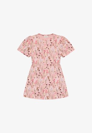 Florales Kleid in Pink mit kurzen Puffärmeln. Mit einem Muster aus verschiedenen kleinen Blumen in den Farbtönen Pink, Braun und Weiß. Weiche Stoffstruktur.