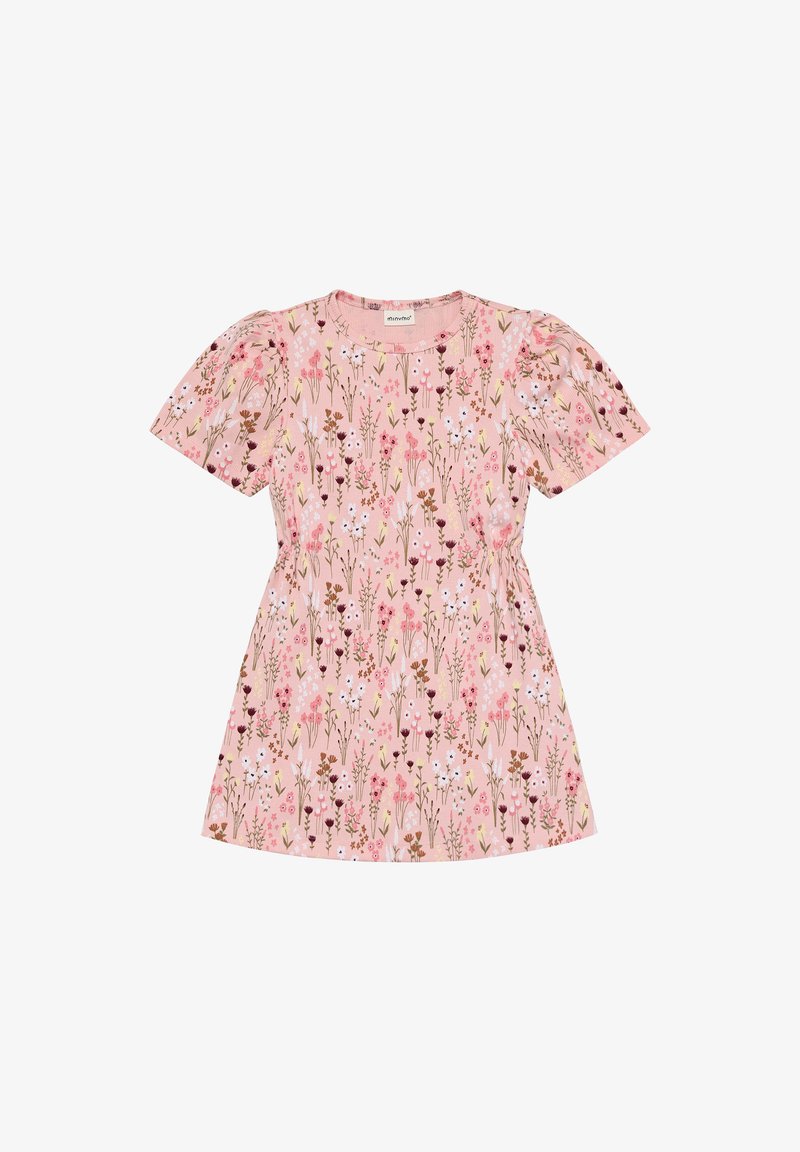 Gebloemde jurk in roze met korte pofmouwen. Heeft een patroon van verschillende kleine bloemen in tinten roze, bruin en wit. Zachte stoftextuur.