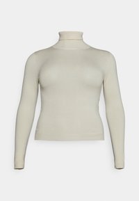 Maglione a collo alto beige chiaro realizzato in tessuto morbido ed elastico. Presenta maniche lunghe e una silhouette aderente con dettagli a coste al collo e all'orlo.