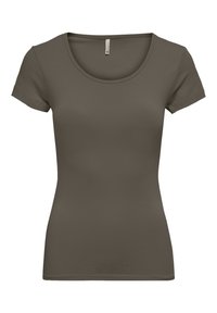 Dark olive green short-sleeve t-shirt with a round neckline, made from smooth, stretchy fabric with a fitted silhouette. No visible accents or patterns.