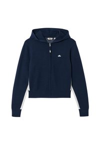 Felpa con cappuccio blu navy con cerniera, pannelli laterali bianchi, maniche lunghe, zip frontale e piccolo logo bianco sul petto sinistro.