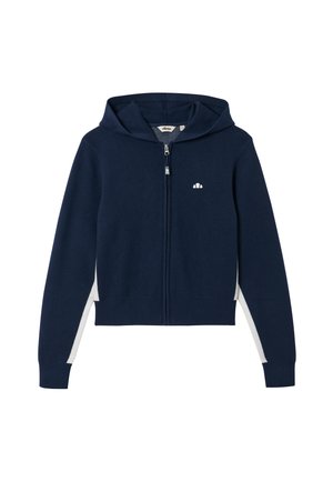 Sudadera con capucha azul marino con cremallera, paneles laterales blancos, mangas largas, cremallera frontal y pequeño logo blanco en el lado izquierdo del pecho.