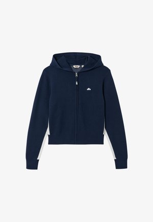 Marineblauwe hoodie met ritssluiting, witte zijpanelen, lange mouwen, een rits aan de voorkant en een klein wit logo op de linkerbovenkant.