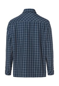 Chemise à manches longues avec un motif à carreaux bleu foncé et blanc, dotée d'un col classique et de poignets boutonnés. Fabriquée en tissu lisse.