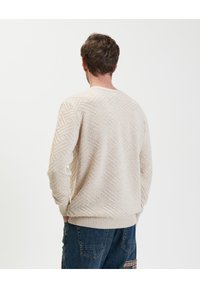 Maglione beige chiaro con un motivo geometrico testurizzato, colletto rotondo e polsini e orlo a costine, visto da dietro.