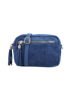 Navy blue suede crossbody bag with a gold zipper, adjustable strap, and two tassel accents. Rectangular shape with smooth texture.