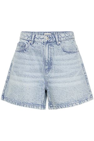 Lyseblå høytlivs denimshorts med knapp og glidelåslukking foran, beltestropper og to frontlommer.