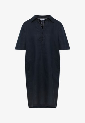 Tummansininen pellavainen polvipituinen mekko, jossa on lyhyet hihat, kaulus ja kolme napinläpeä V-kaula-aukon kohdalla.