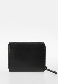 Black leather wallet with a smooth texture, zip closure, and visible stitching accents. Compact rectangular design with a minimalistic appearance.