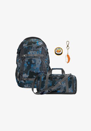 Blue and gray camouflage backpack and duffle bag set with sushi-themed keychain and round patch accessory.