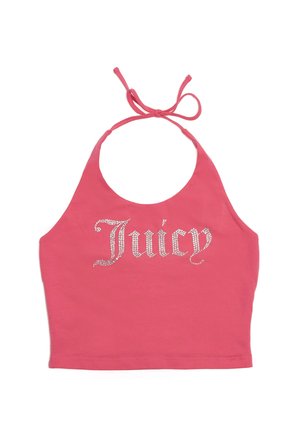 Top corto halter rosa realizzato in morbido tessuto, con una grafica argentea scintillante "Juicy" sul petto. Si lega al collo per una vestibilità sicura.