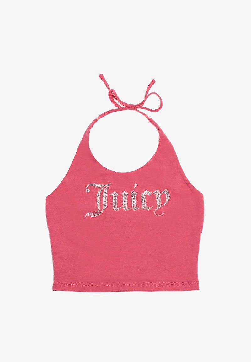 Top corto halter rosa realizzato in morbido tessuto, con una grafica argentea scintillante "Juicy" sul petto. Si lega al collo per una vestibilità sicura.