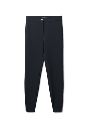 Pantalons stretch bleu marine foncé avec une texture lisse, coupe ajustée, et une fermeture à un bouton à la taille, avec des poches latérales standards.