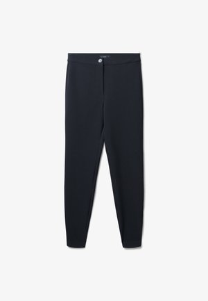 Pantalons stretch bleu marine foncé avec une texture lisse, coupe ajustée, et une fermeture à un bouton à la taille, avec des poches latérales standards.