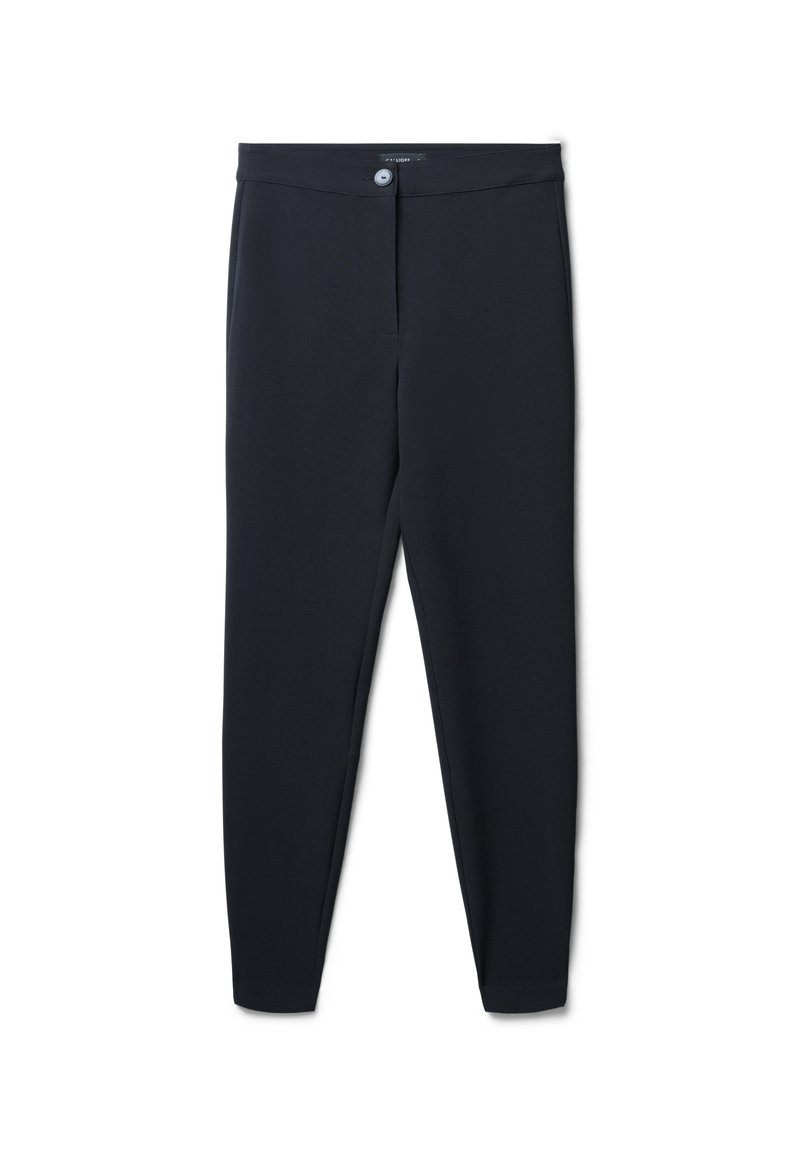 Dunkelnavy Jogginghose aus dehnbarem Material mit glatter Textur, schmaler Passform und einem einzelnen Knopfverschluss an der Taille, ausgestattet mit normalen Seitentaschen.