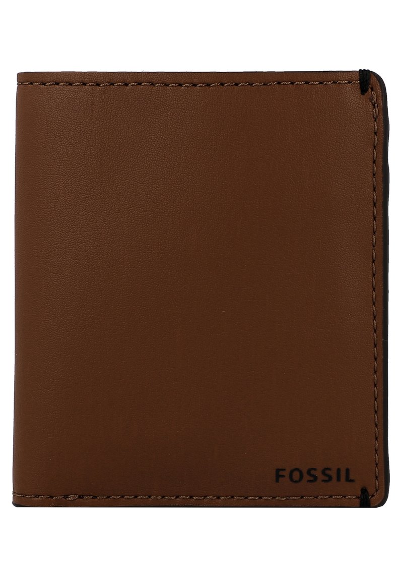 Brown leather wallet with smooth texture, straight edges, and black stitching. Features embossed "FOSSIL" logo on the lower edge.