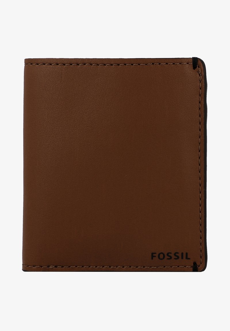 Brown leather wallet with smooth texture, straight edges, and black stitching. Features embossed "FOSSIL" logo on the lower edge.