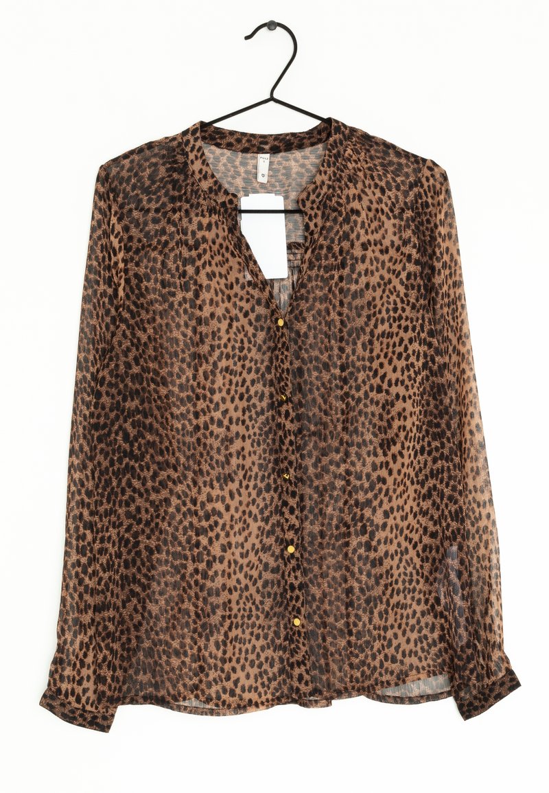 Blouse en imprimé animal marron transparent avec fermeture à boutons, manches longues et encolure ronde. Dotée de petits boutons dorés et d'une texture légère.