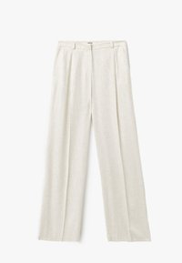 Linnen wijde broek in een lichtbeige kleur, met een hoge taille, plooien en zijzakken voor extra detail en functionaliteit.