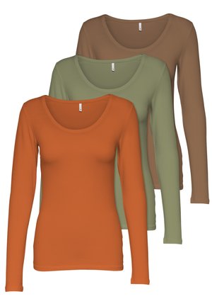 Set of three long-sleeve crew neck t-shirts in terracotta, olive green, and brown, made of soft fabric with a smooth texture.