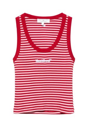 Crop top sans manches rayé horizontalement rouge et rose clair avec bordure rouge et texte blanc « NextGoal* » sur la poitrine.