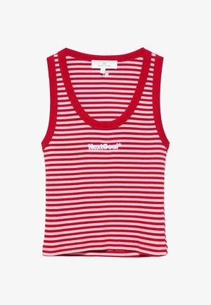 Red and light pink horizontal striped sleeveless crop top with red trim and white "NextGoal*" text on the chest.